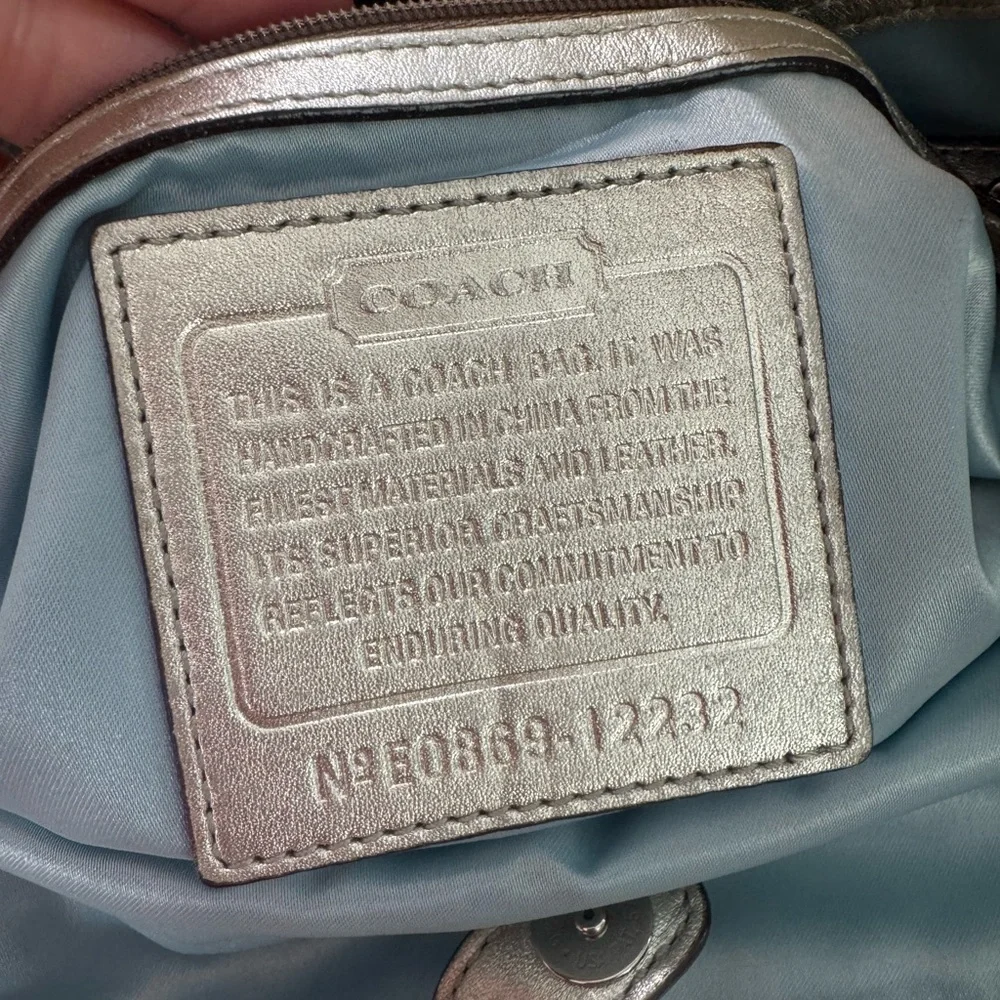 Coach Ergo Op Art Signature Brown Metallic Silver Leather Trim Bag